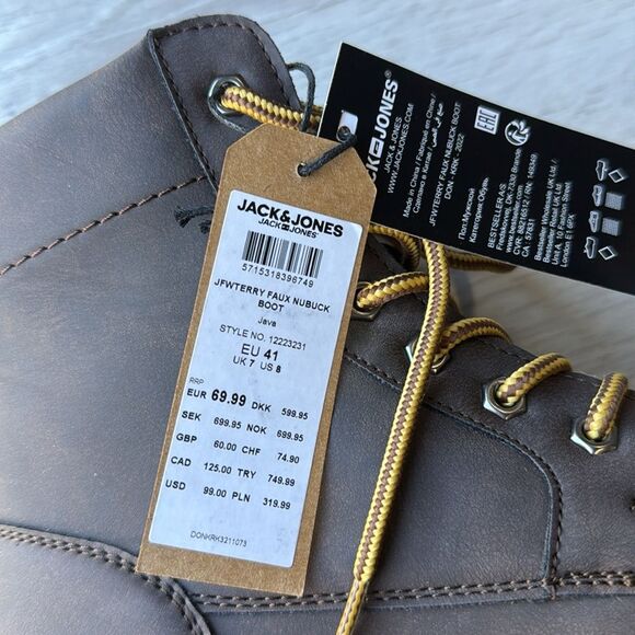 Jack & Jones faux leather brown size 8 lace up‎ boots in cognac brown NWT in box main image 11